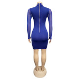 Rhinestone Blue High Neck Mesh Panel Bodycon Dress