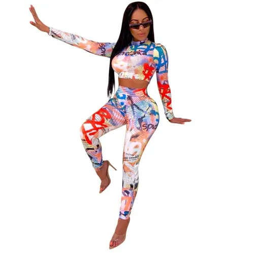Colorful Print Fitted Two Piece Outfits