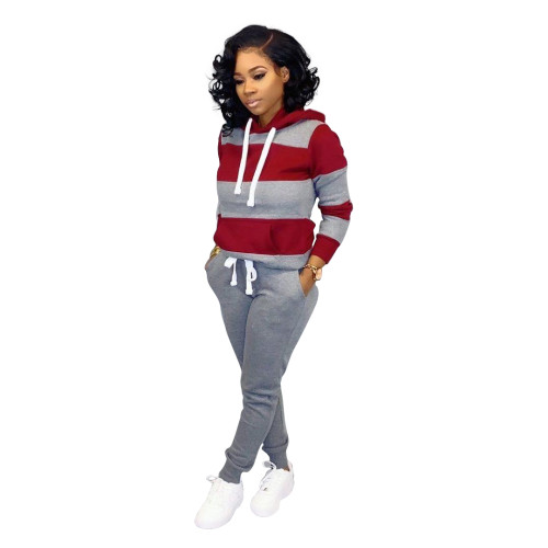 Grey Burgundy Colorblock Drawstring Hoodie and Sweatpants Set