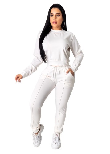 White Mock Neck Crop Pullover and Sweatpants Set