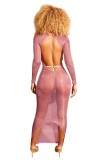 Pink Shiny Back Slit Open Back Maxi Bodycon Club Dress