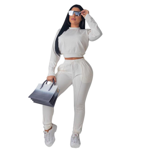 White Mock Neck Crop Pullover and Sweatpants Set