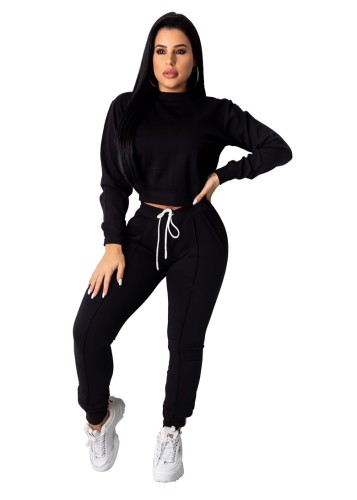 Black Mock Neck Crop Pullover and Sweatpants Set