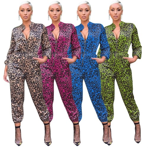 Green Leopard Print Zip Up Elastic Waist Fashion Jumpsuit