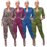 Zip Up Leopard Print Elastic Hem Fashion Jumpsuit