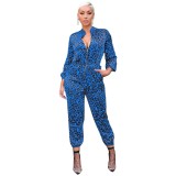Blue Leopard Print Zip Up Elastic Waist Fashion Jumpsuit