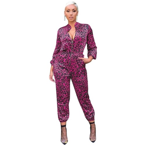 Zip Up Leopard Print Elastic Hem Fashion Jumpsuit