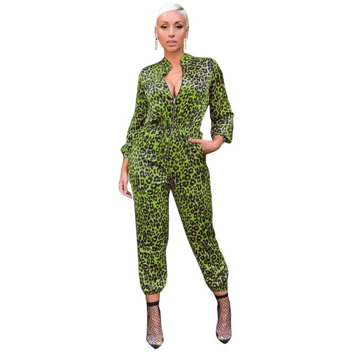 Green Leopard Print Zip Up Elastic Waist Fashion Jumpsuit