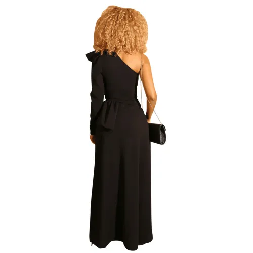 Black Ruffle Single Sleeve Long Tail Asymmetric Crop Top