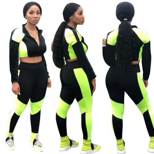 Contrast Color Zip Up Crop Top & Tight Sweatpants Set