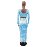 Blue Tie Dye Crop Top & Tie Waist Long Skirt