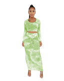 Green Tie Dye Crop Top & Tie Waist Long Skirt