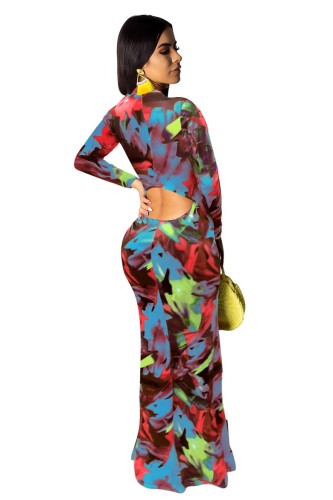 Abstract Paint Print Back Cutout Maxi Dress