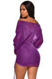 Shiny Bright Purple V Neck Ruched Drawstring Club Dress