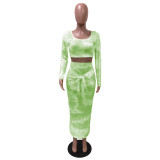 Green Tie Dye Crop Top & Tie Waist Long Skirt
