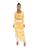 Yellow Tie Dye Crop Top & Tie Waist Long Skirt