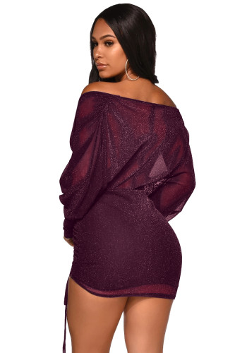 Shiny Dark Purple V Neck Ruched Drawstring Club Dress
