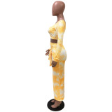 Yellow Tie Dye Crop Top & Tie Waist Long Skirt