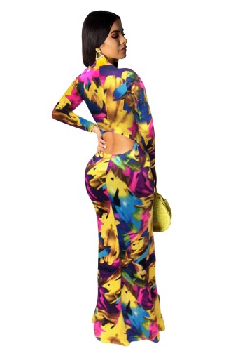 Multicolor Paint Print Back Cutout Maxi Dress