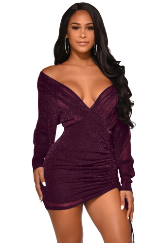 Shiny Dark Purple V Neck Ruched Drawstring Club Dress