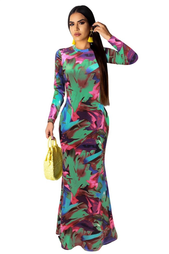 Colorful Paint Print Back Cutout Maxi Dress