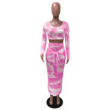 Hot Pink Tie Dye Crop Top & Tie Waist Long Skirt