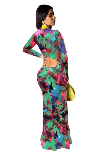 Colorful Paint Print Back Cutout Maxi Dress