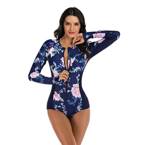 Navy Floral Print Splice Surfing One Piece Swimsuit