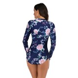 Navy Floral Print Splice Surfing One Piece Swimsuit