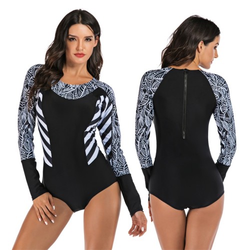 Black White Patchwork Zipper Back Surfing One Piece Swimsuit