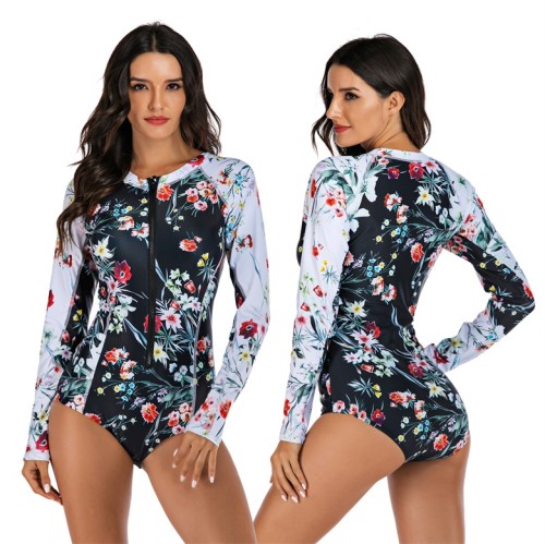 Blossom Print Splice Rashguard Surfing One Piece Swimsuit