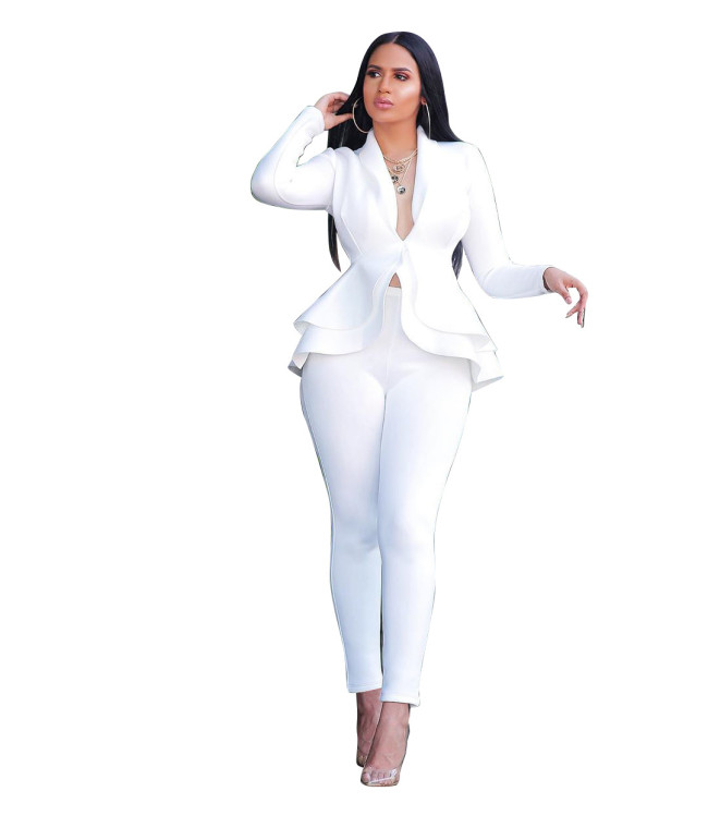 White Fitted Office Peplum Blazer and Pants Set