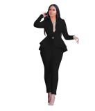 Black Fitted Office Peplum Blazer and Pants Set