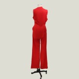 Red Pure Color One Shoulder Fromal Jumpsuit