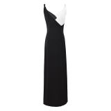 Black White High Slit Straps Maxi Prom Dress