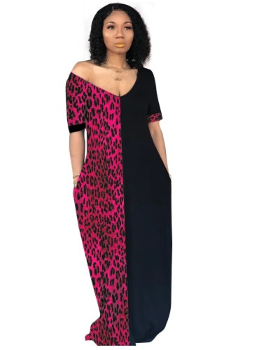 Hot Pink Leopard Colorblock Casual Maxi Dress