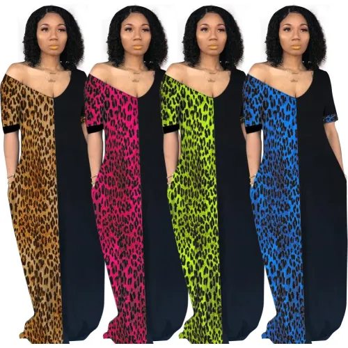Brown Leopard Colorblock Casual Maxi Dress