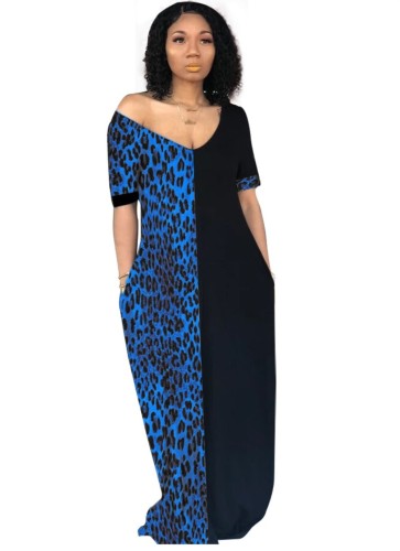 Blue Leopard Colorblock Casual Maxi Dress