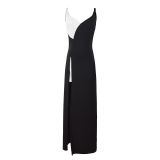 Black White High Slit Straps Maxi Prom Dress