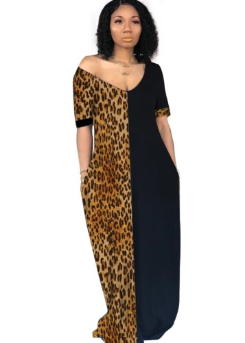 Brown Leopard Colorblock Casual Maxi Dress