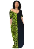 Green Leopard Colorblock Casual Maxi Dress