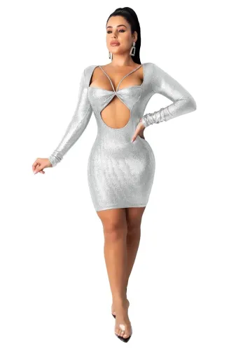 Shiny Sliver Metallic Brown Bodycon Club Dress