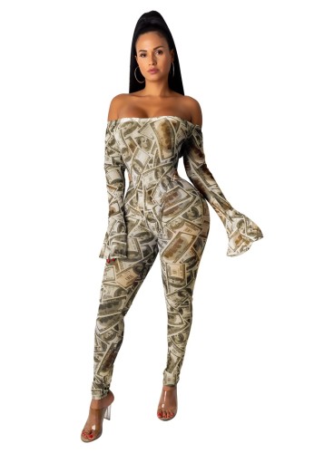 $100 Bill Print Off Shoulder Bell Sleeve Cutout Jumpsuit