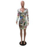Colorful Newspaper Print Deep V Ruched Bodycon Dress