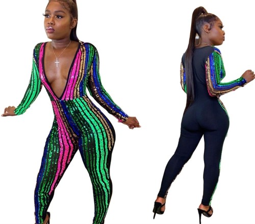 Sequin Striped Sexy Plunge Club Jumpsuit