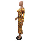 Yellow Tiger Skin Print Bodycon Long Dress