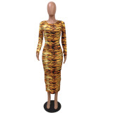 Yellow Tiger Skin Print Bodycon Long Dress