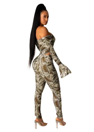 $100 Bill Print Off Shoulder Bell Sleeve Cutout Jumpsuit