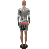 Fashion Newspaper Print Deep V Ruched Bodycon Dress