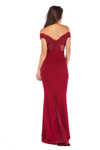 Off Shoulder Lace Trim Burgundy Evening Dress